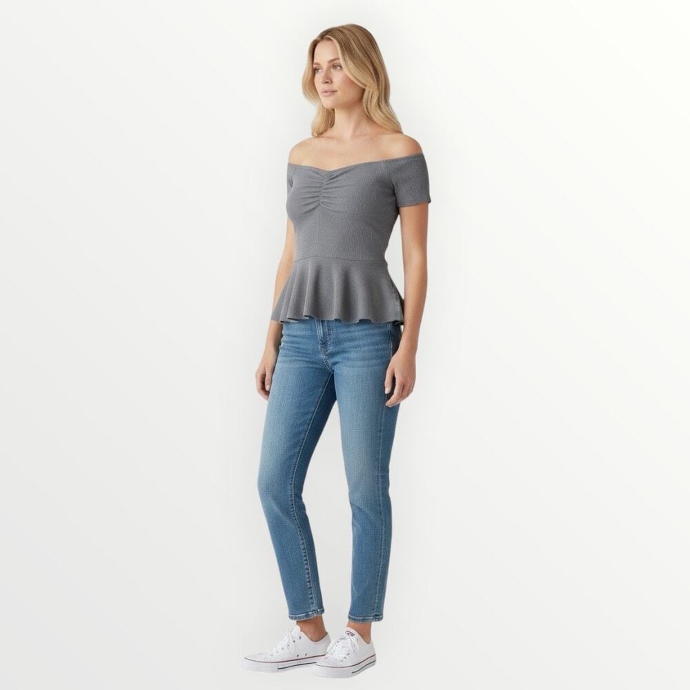 American Eagle Gray Off Shoulder Top Small Ribbed Peplum Cropped